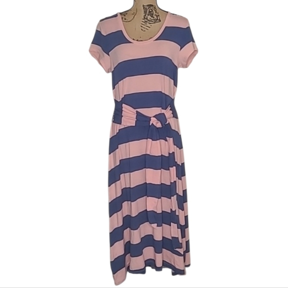 Lands' End Pink and Navy Striped Midi Dress
